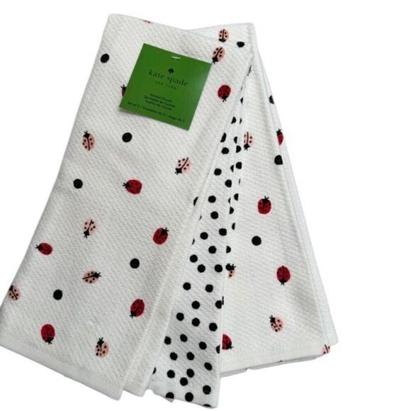 Kate Spade White Ladybug Polka Dot Kitchen Dish Towels Set of 3 - 100% Cotton - Picture 1 of 5